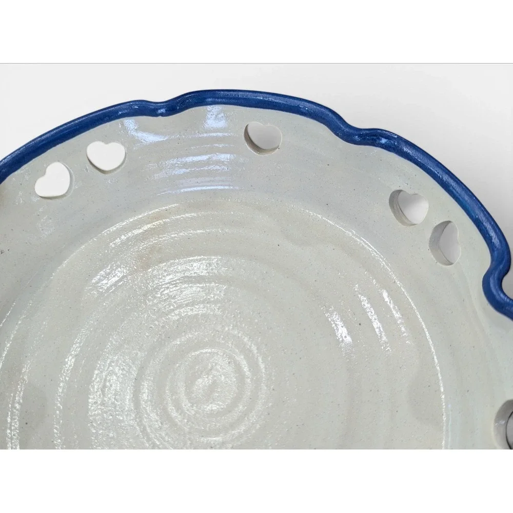 Heart Cutout Pie Plate Blue Rim Signed Studio Pottery